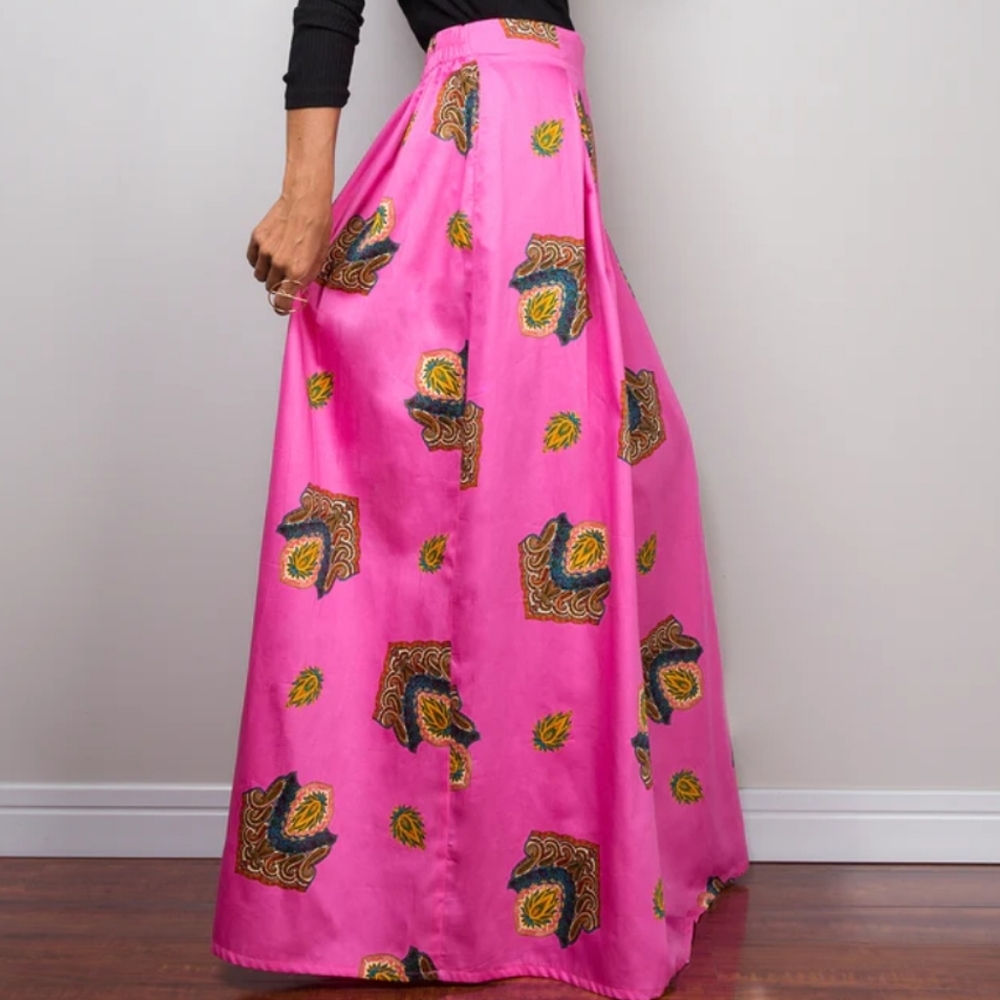 Grass fields Pink Boho Maxi Skirt High Slit with pockets
